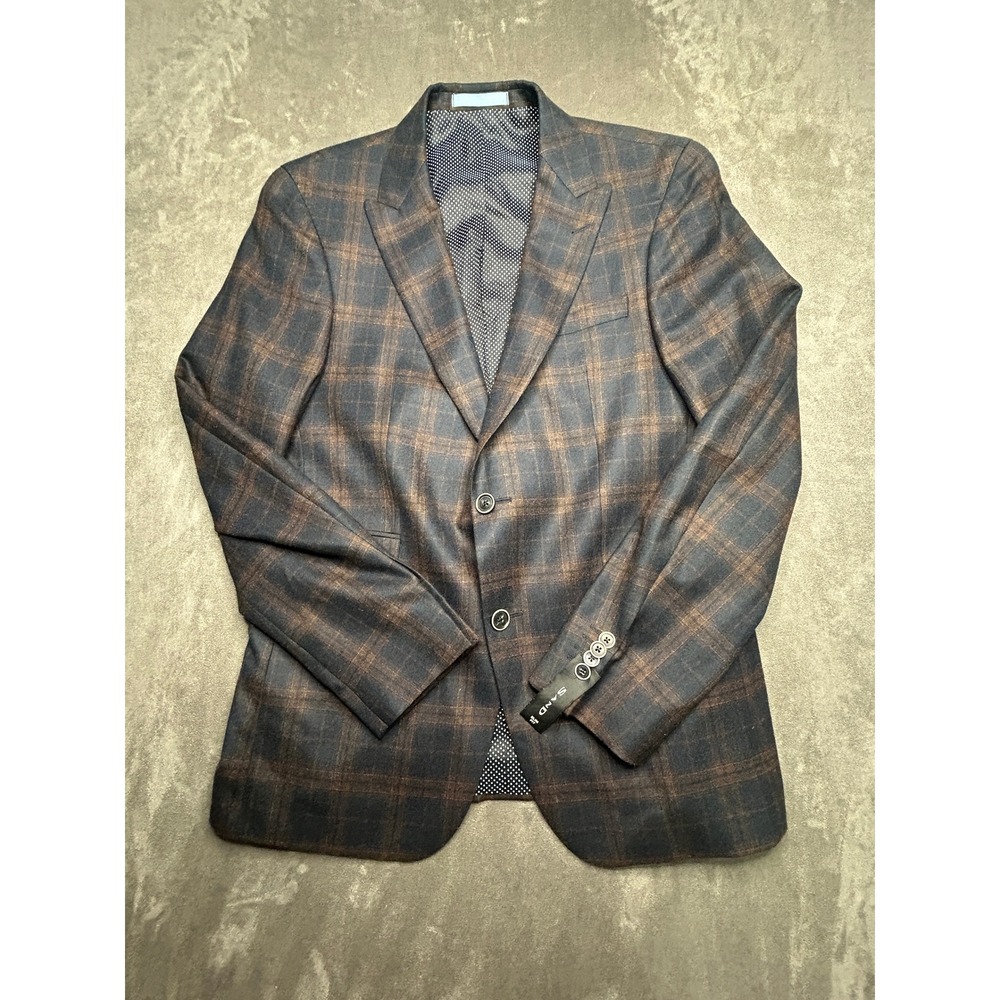 SAND Copenhagen Blazer Mens 38R Navy Blue Brown Plaid 100% Virgin Wool Tailored